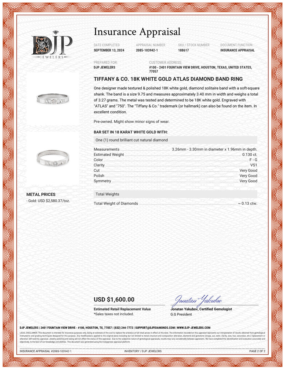 Tiffany & Co. 18K White Gold Atlas Diamond Band Ring