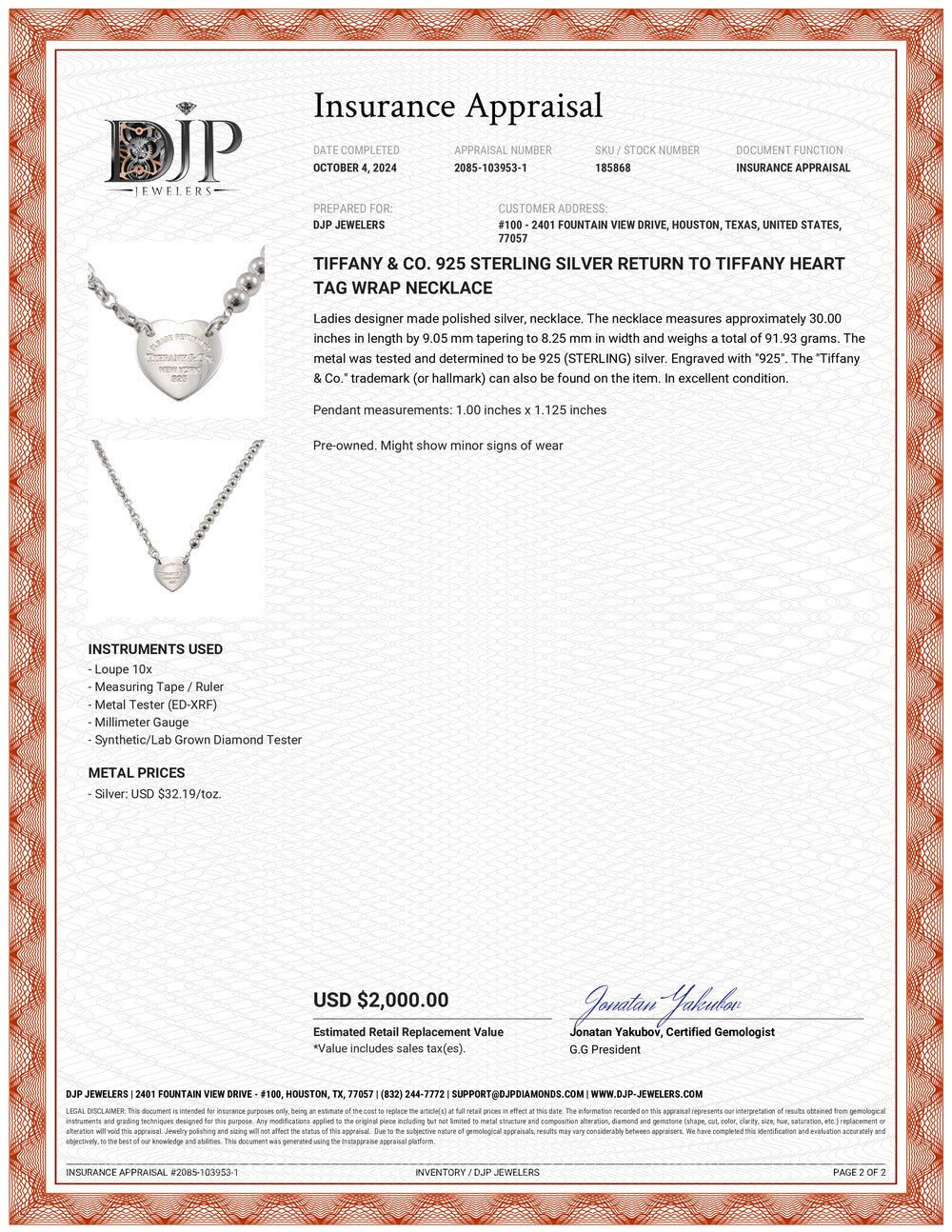 Tiffany & Co. 925 Sterling Silver Return to Tiffany Heart Tag Wrap Necklace