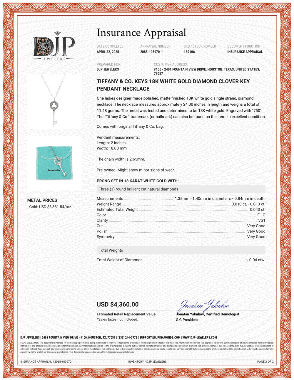 Tiffany & Co. Keys 18K White Gold Diamond Clover Key Pendant Necklace