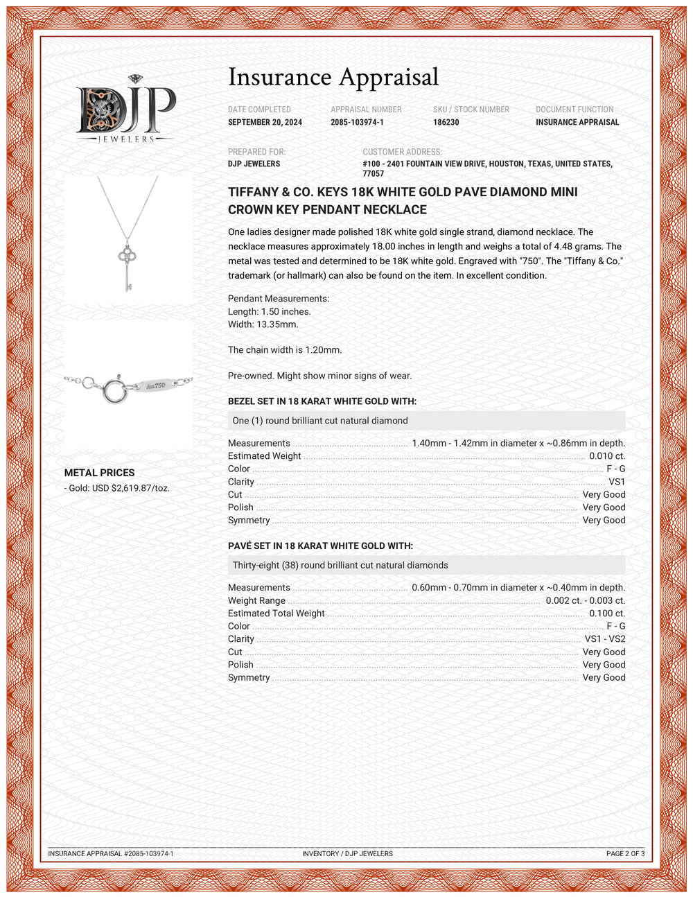 Tiffany & Co. Keys 18K White Gold Pave Diamond Mini Crown Key Pendant Necklace