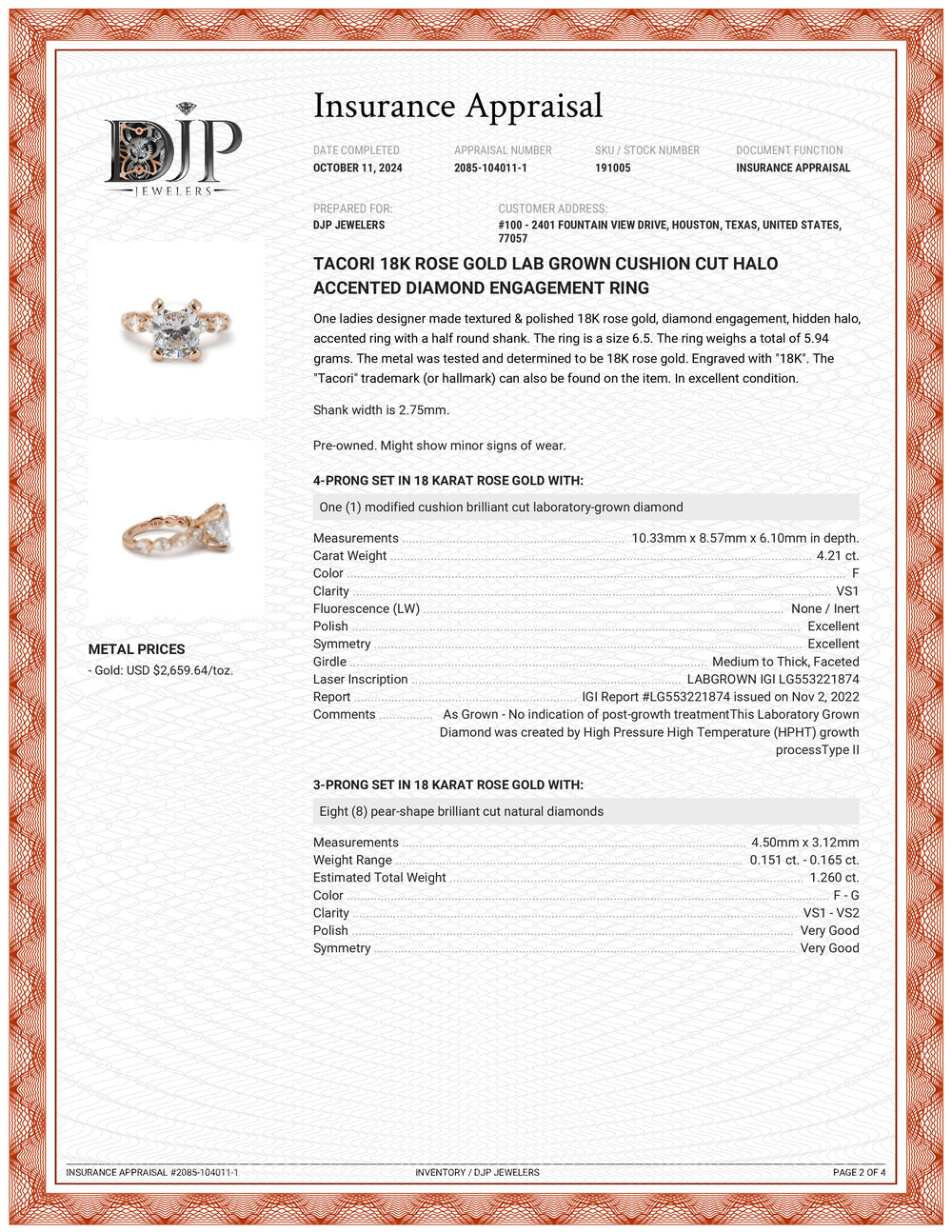 Tacori 18K Rose Gold Lab Grown Cushion Cut Halo Accented Diamond Engagement Ring