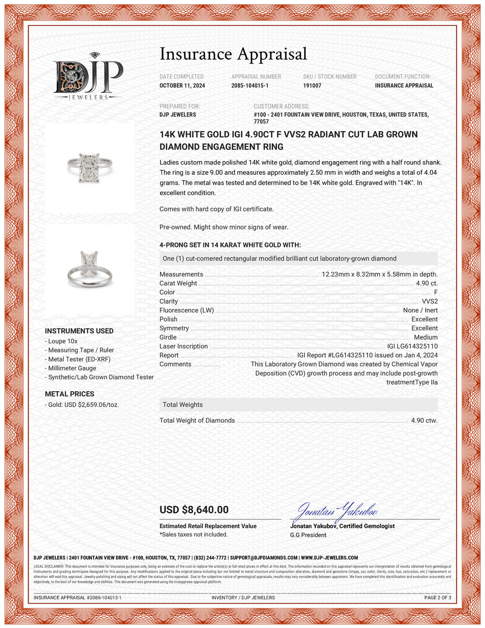 14K White Gold IGI 4.90ct F VVS2 Radiant Cut Lab Grown Diamond Engagement Ring