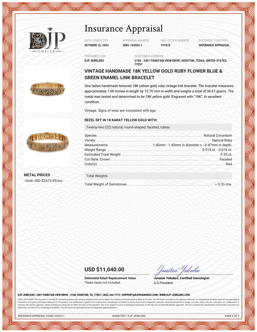 Vintage Handmade 18K Yellow Gold Ruby Flower Blue & Green Enamel Link Bracelet