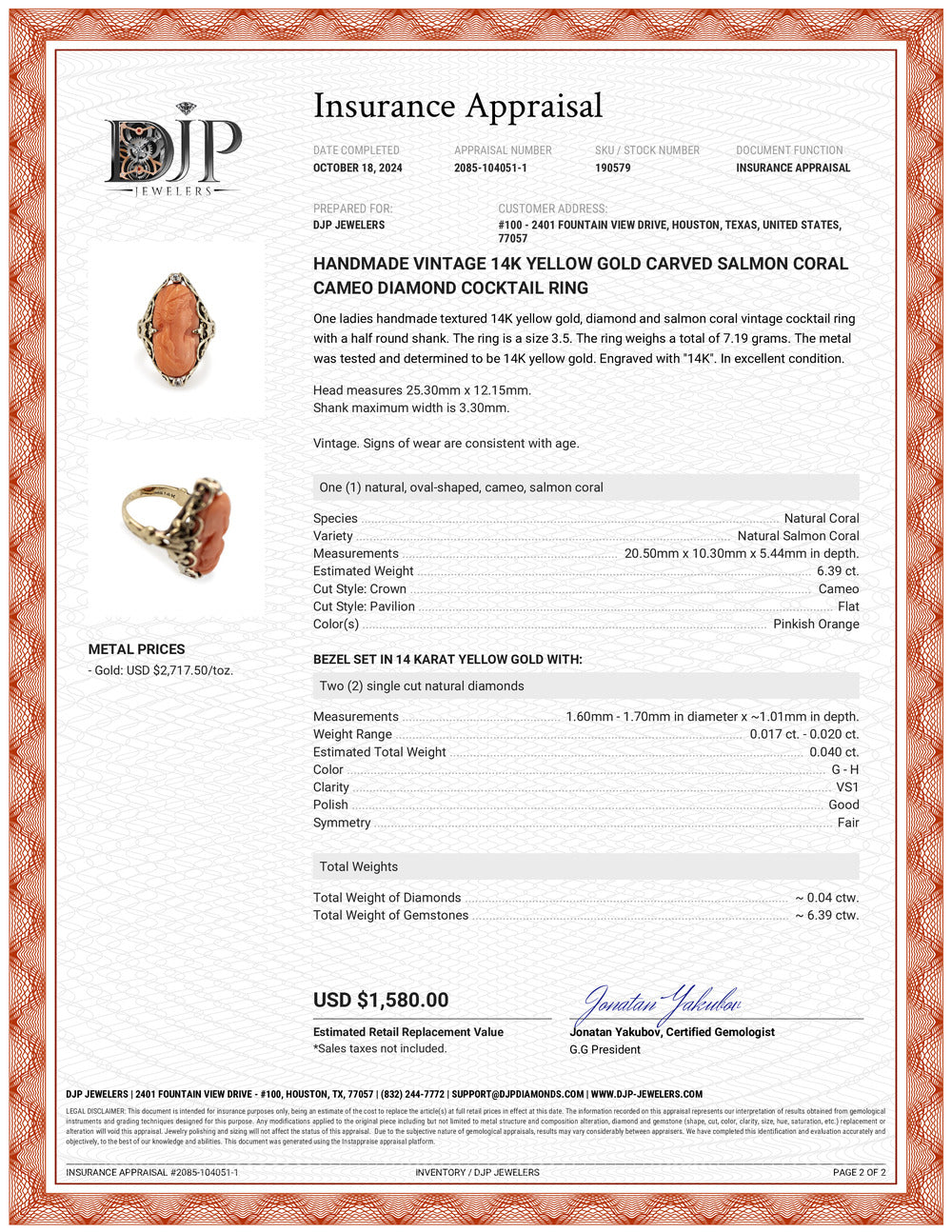 Handmade Vintage 14K Yellow Gold Carved Salmon Coral Cameo Diamond Cocktail Ring