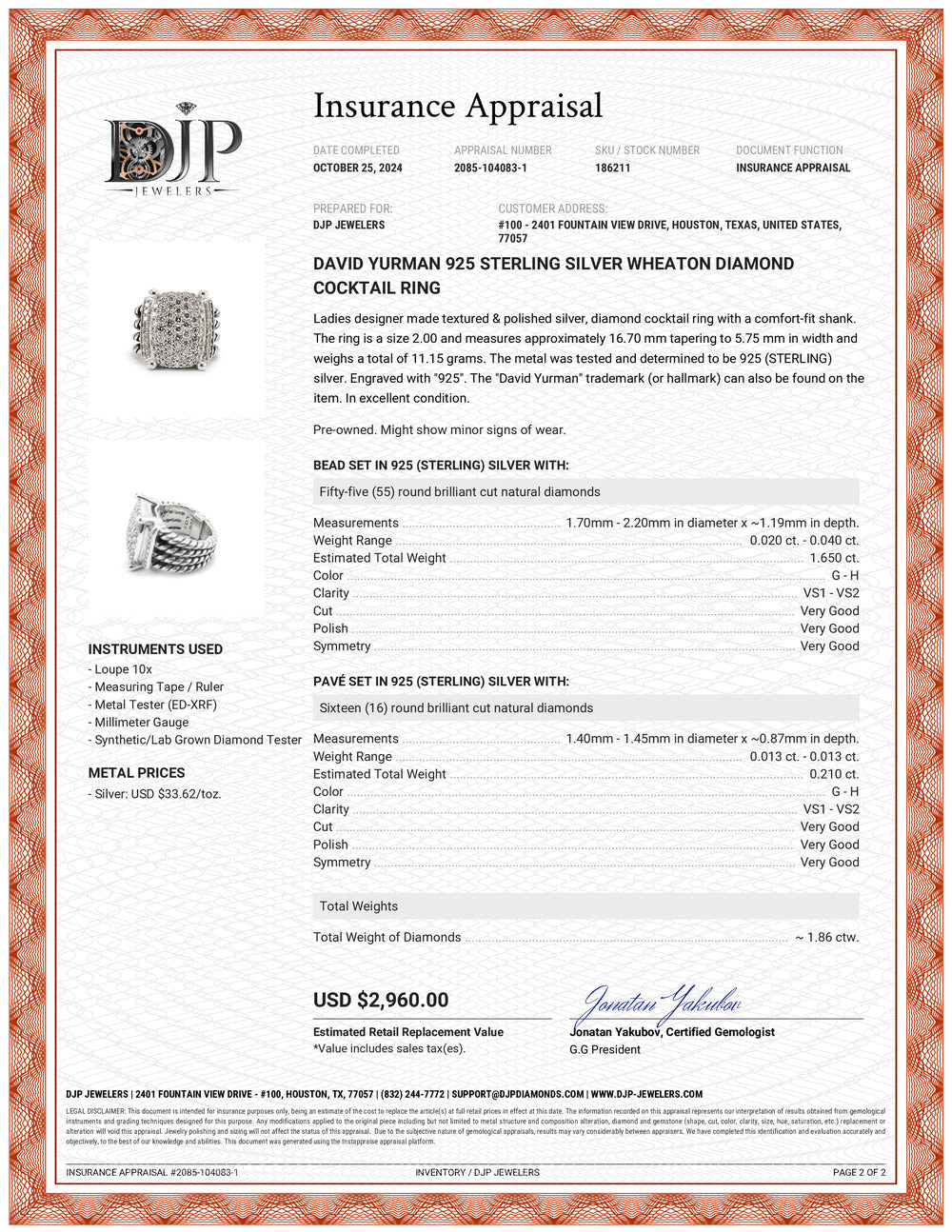 David Yurman 925 Sterling Silver Wheaton Diamond Cocktail Ring