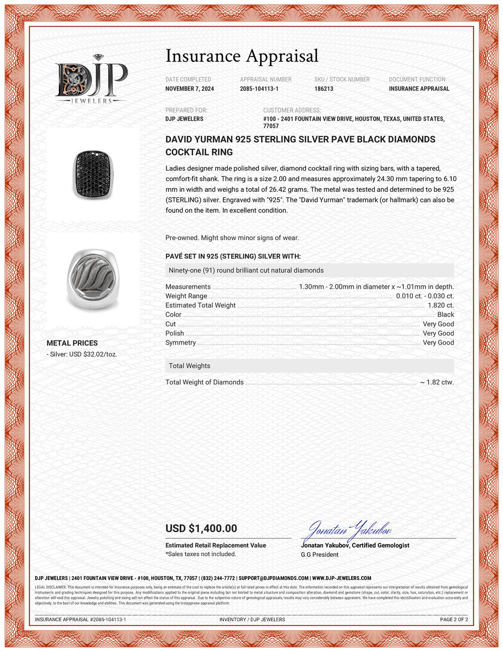 David Yurman 925 Sterling Silver Pave Black Diamonds Cocktail Ring