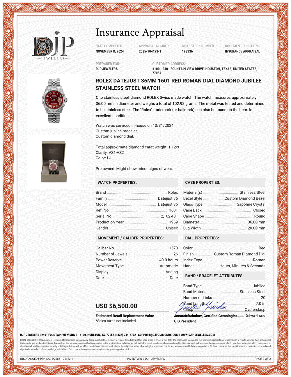 Rolex Datejust 36MM 1601 Red Roman Dial Diamond Jubilee Stainless Steel Watch