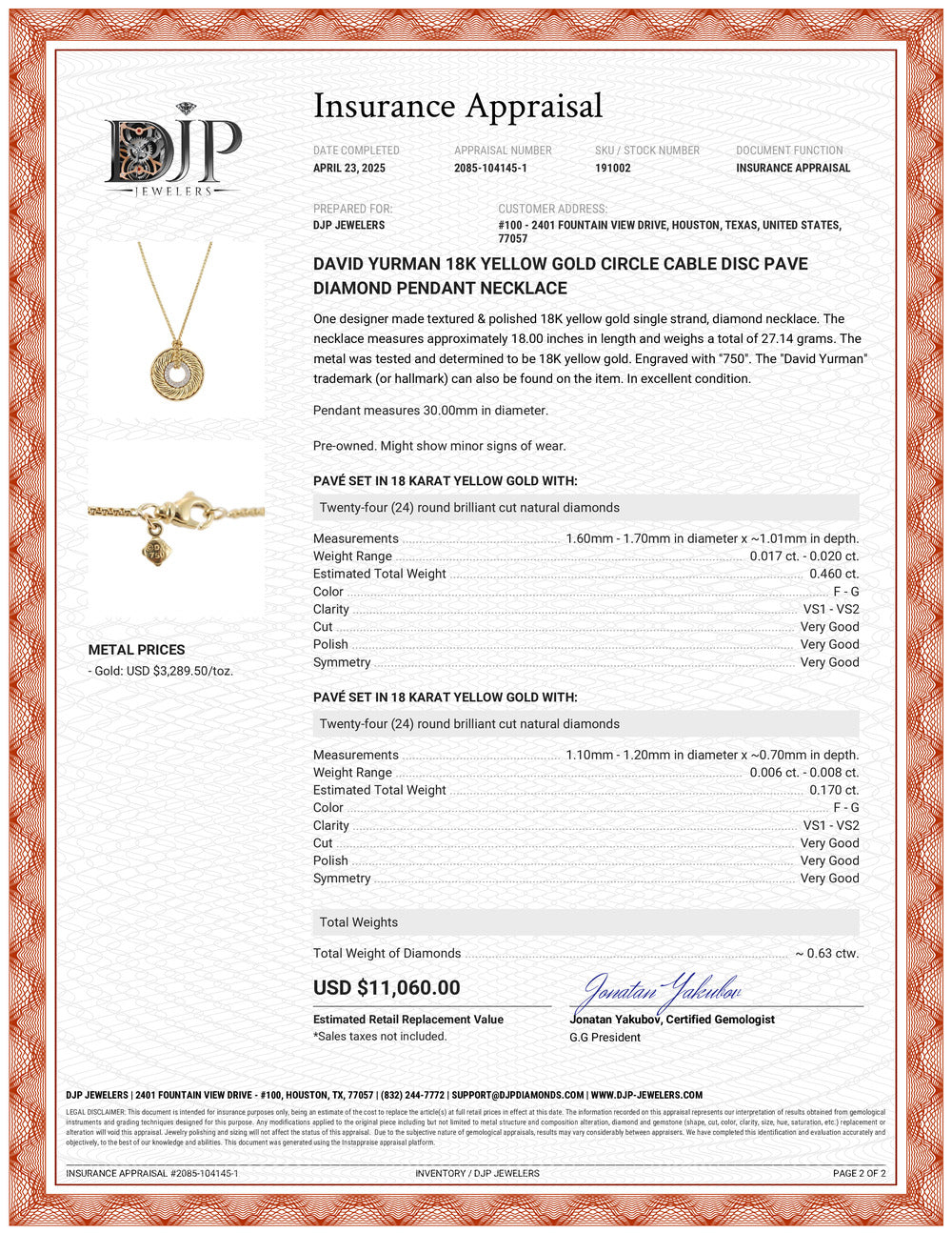 David Yurman 18K Yellow Gold Circle Cable Disc Pave Diamond Pendant Necklace