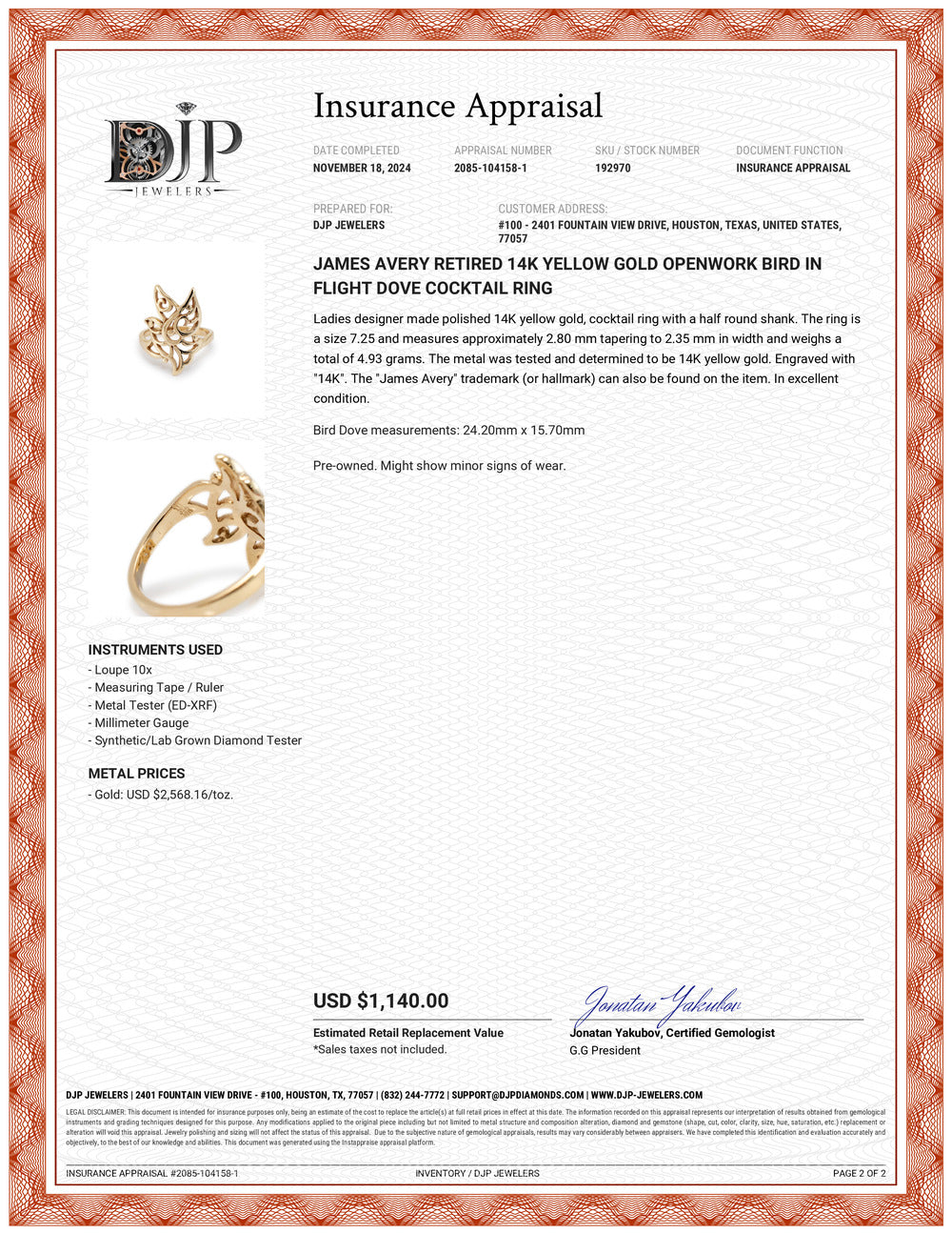 James Avery Retired 14K Yellow Gold Openwork Bird in Flight Dove Cocktail Ring