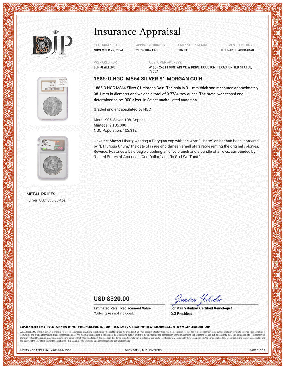 1885-O NGC MS64 Silver $1 Morgan Coin