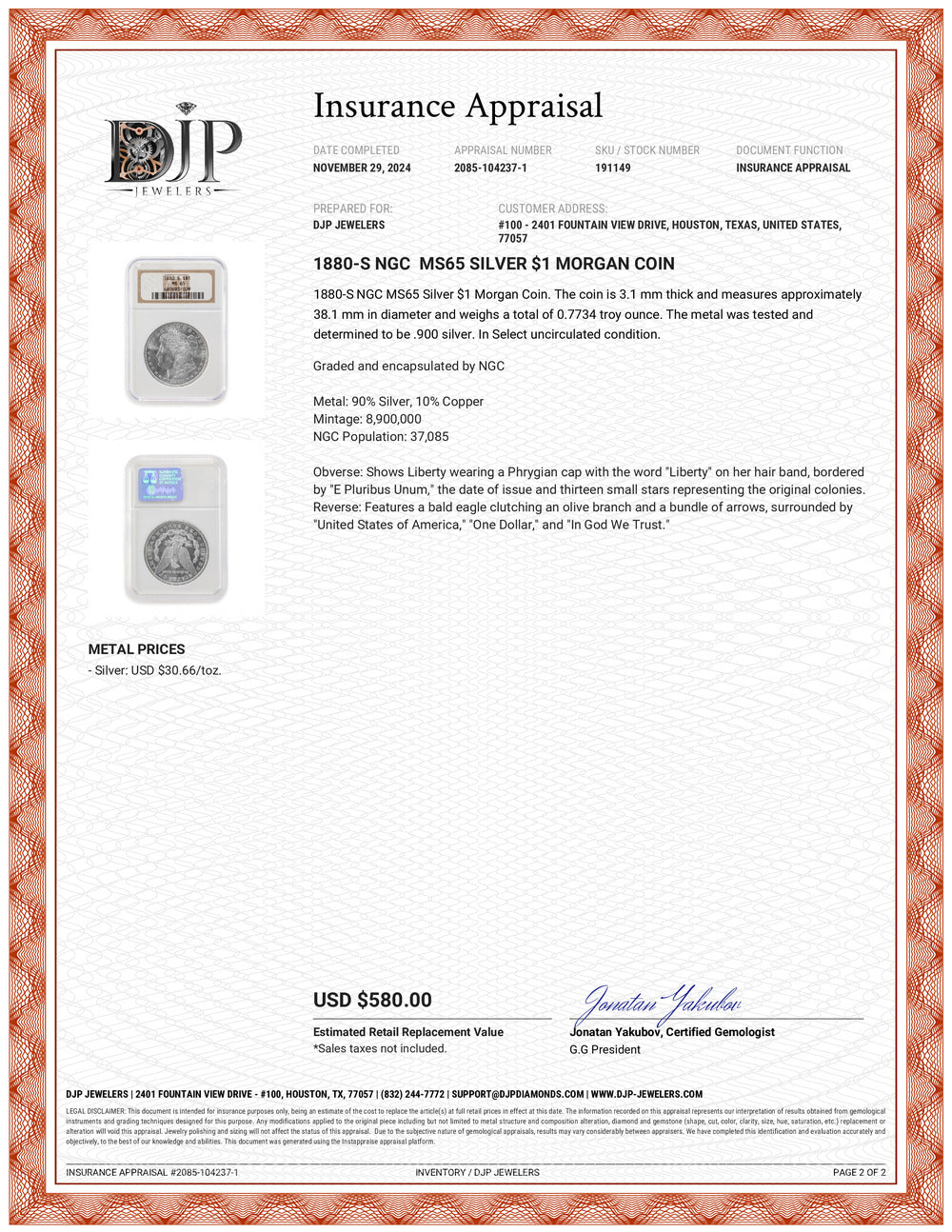 1880-S NGC MS65 Silver $1 Morgan Coin