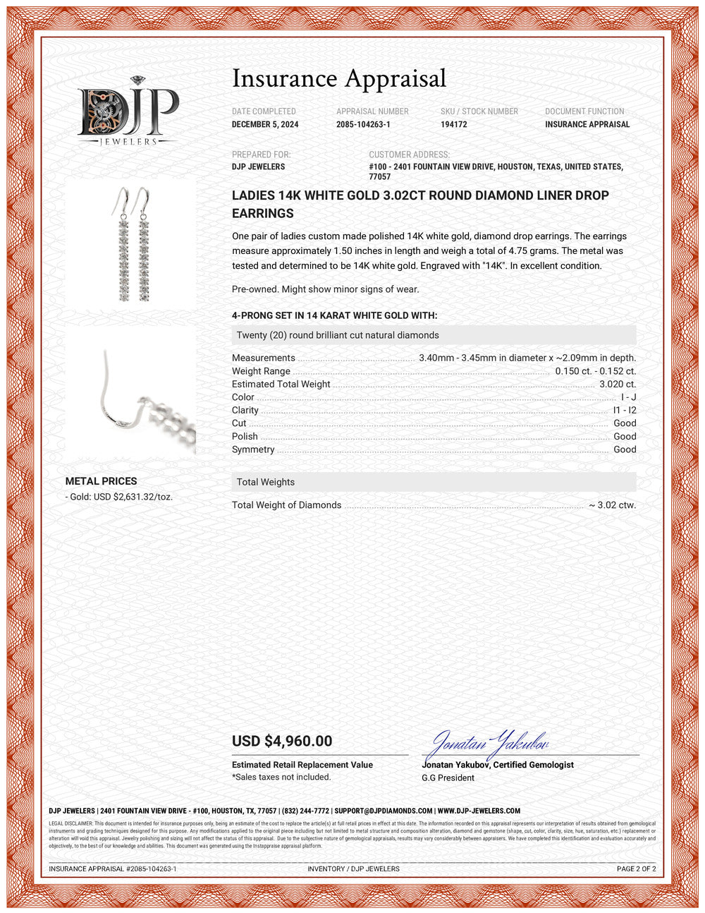 Ladies 14K White Gold 3.02ct Round Diamond Liner Drop Earrings