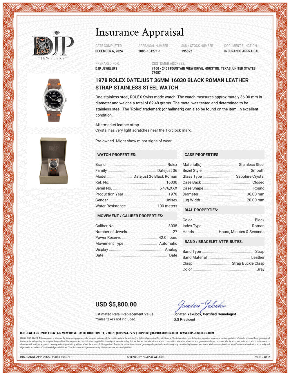 1978 Rolex Datejust 36MM 16030 Black Roman Leather Strap Stainless Steel Watch