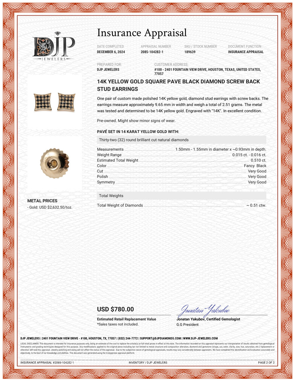 14K Yellow Gold Square Pave Black Diamond Screw Back Stud Earrings