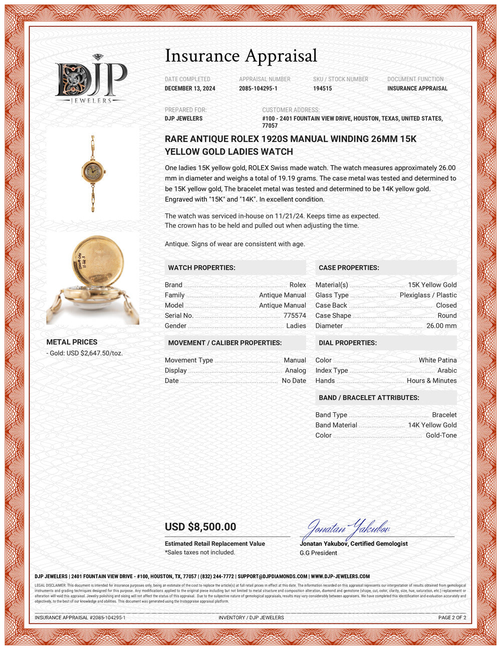 Rare Antique Rolex 1920s Manual Winding 26MM 15K Yellow Gold Ladies Watch