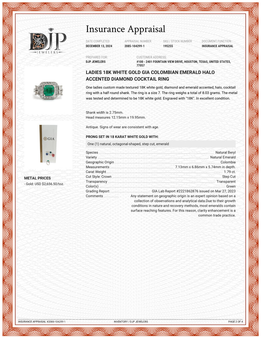 Ladies 18K White Gold GIA Colombian Emerald Halo Accented Diamond Cocktail Ring