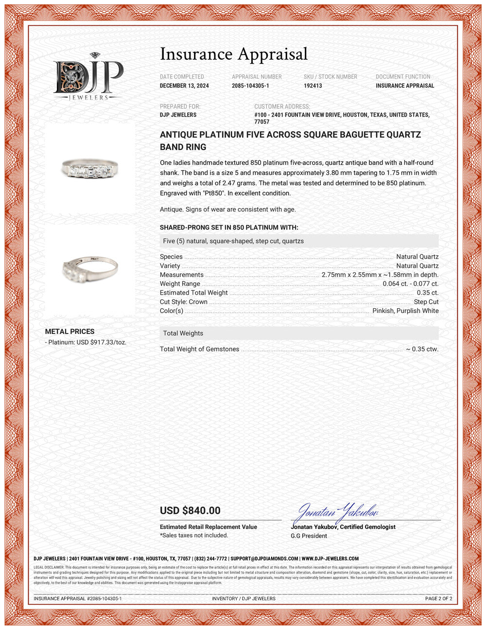 Antique Platinum Five Across Square Baguette Quartz Band Ring