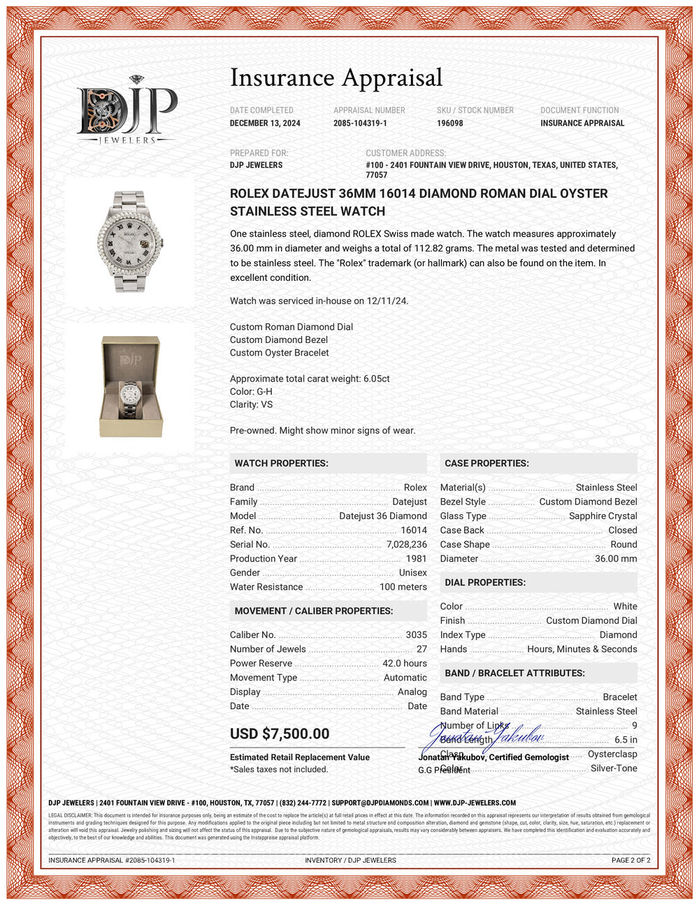 Rolex Datejust 36MM 16014 Diamond Roman Dial Oyster Stainless Steel Watch