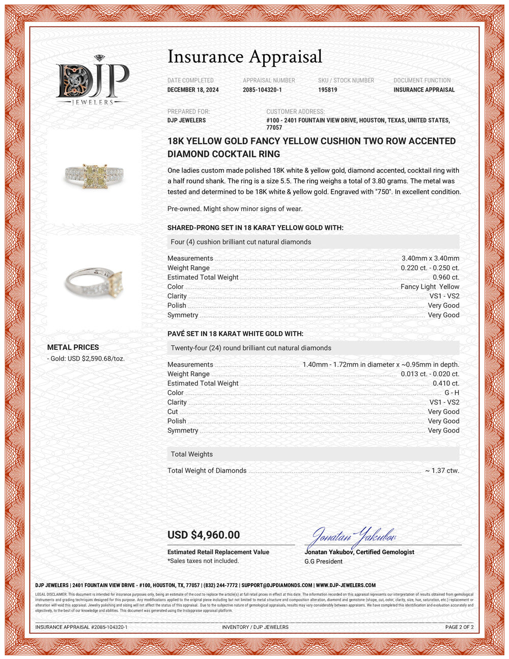 18K Yellow Gold Fancy Yellow Cushion Two Row Accented Diamond Cocktail Ring