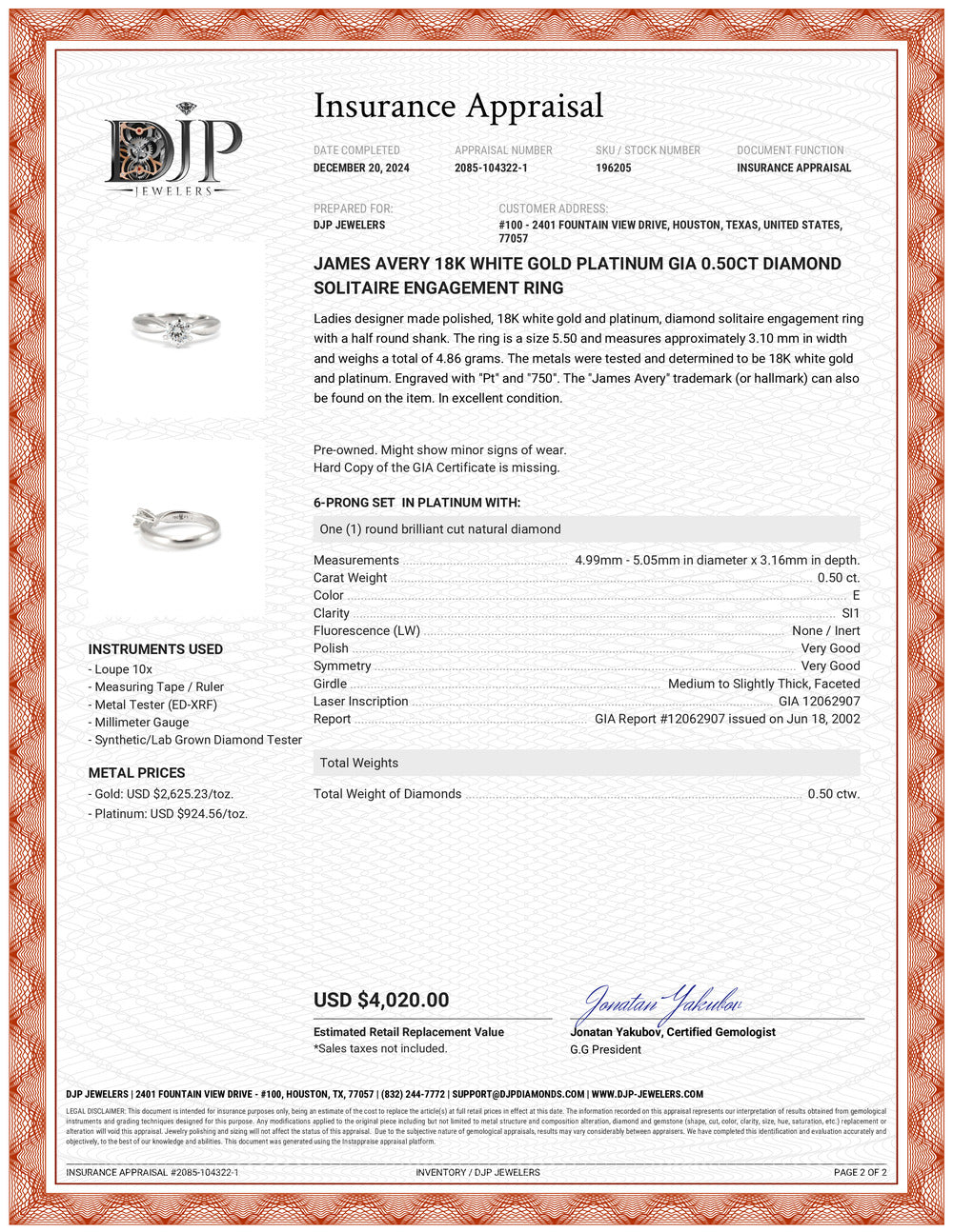 James Avery 18K White Gold Platinum GIA 0.50ct Diamond Solitaire Engagement Ring