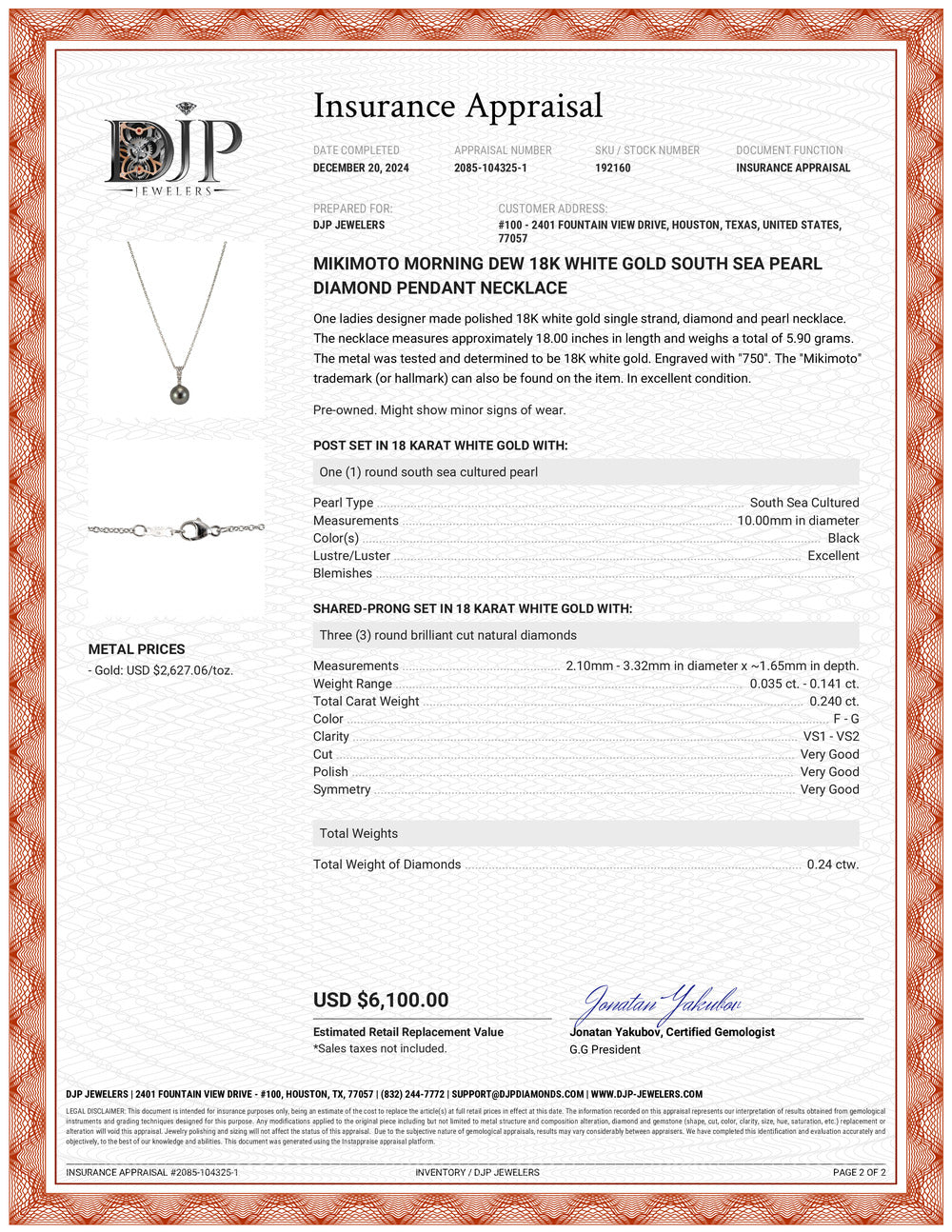 Mikimoto Morning Dew 18K White Gold South Sea Pearl Diamond Pendant Necklace