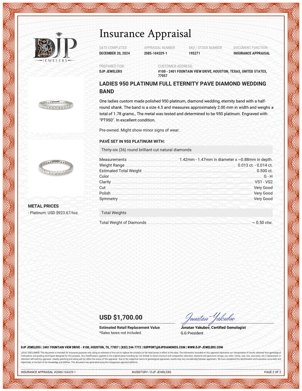 Ladies 950 Platinum Full Eternity Pave Diamond Wedding Band