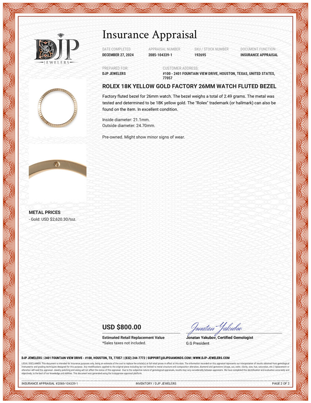 Rolex 18K Yellow Gold Factory 26MM Watch Fluted Bezel