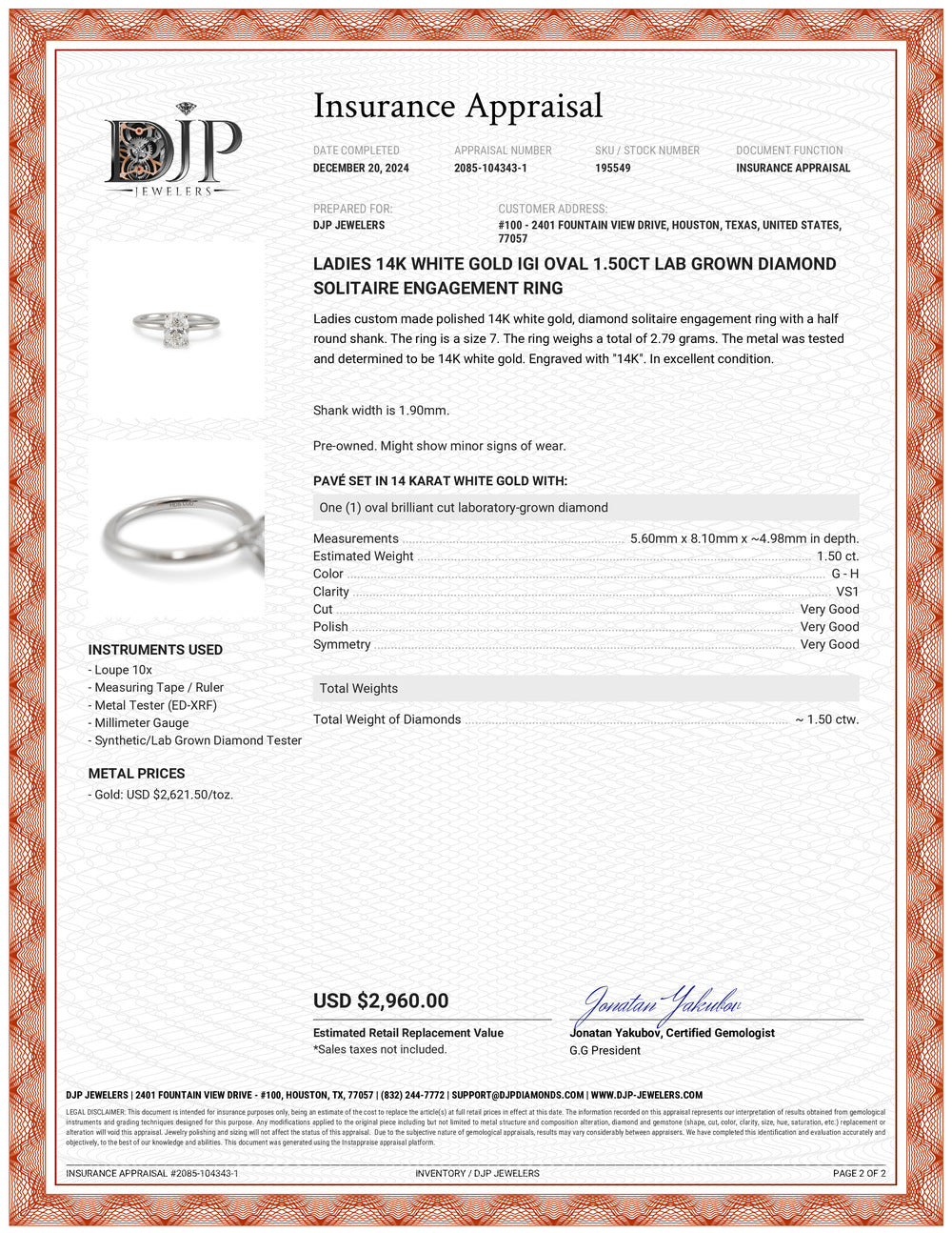 Ladies 14K White Gold IGI Oval 1.50ct Lab Grown Diamond Solitaire Engagement Ring