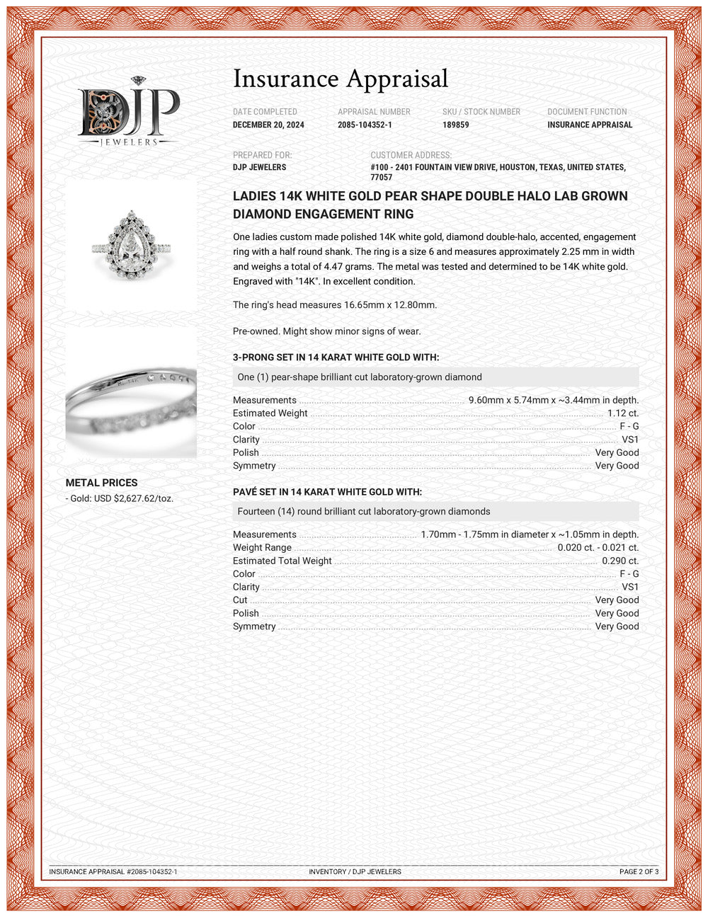 Ladies 14K White Gold Pear Shape Double Halo Lab Grown Diamond Engagement Ring