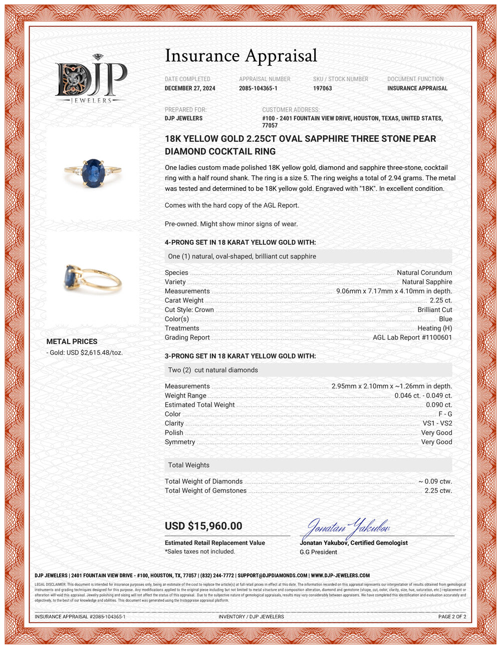 18K Yellow Gold 2.25ct Oval Sapphire Three Stone Pear Diamond Cocktail Ring