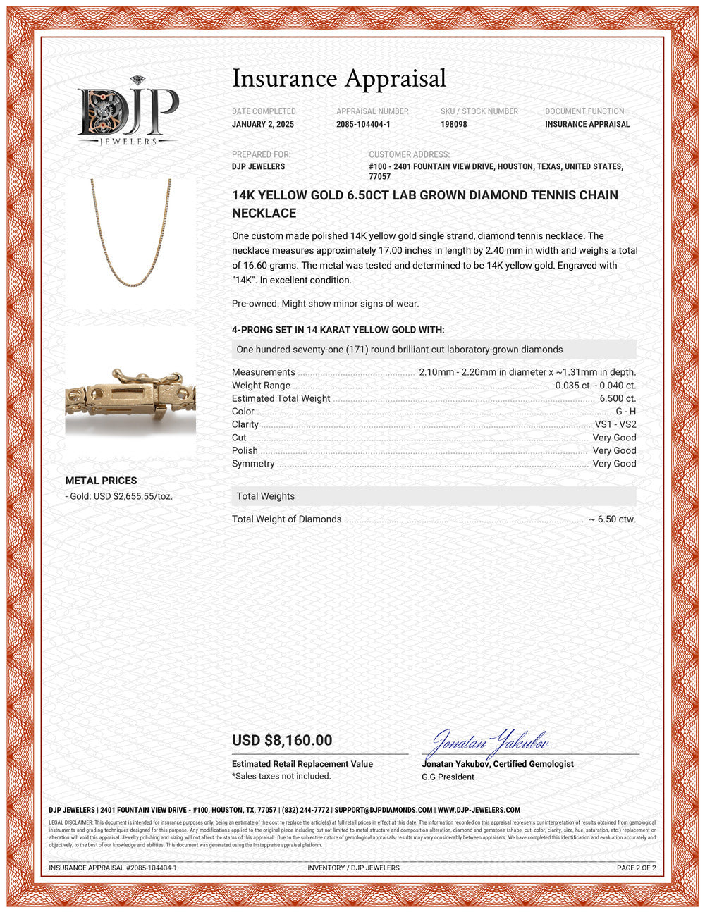 14K Yellow Gold 6.50ct Lab Grown Diamond Tennis Chain Necklace