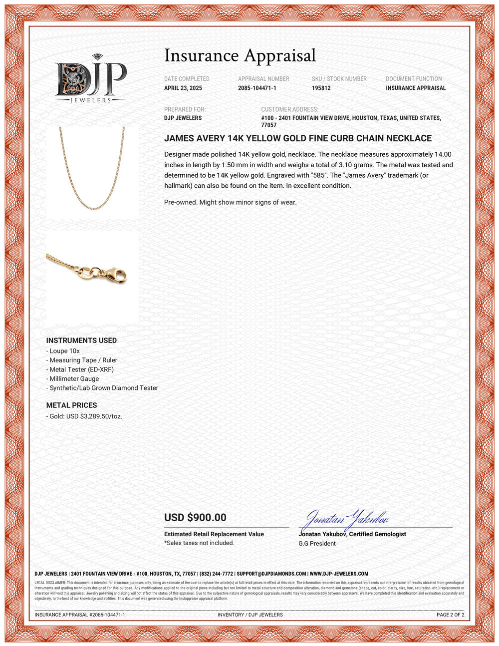 James Avery 14K Yellow Gold Fine Curb Chain Necklace