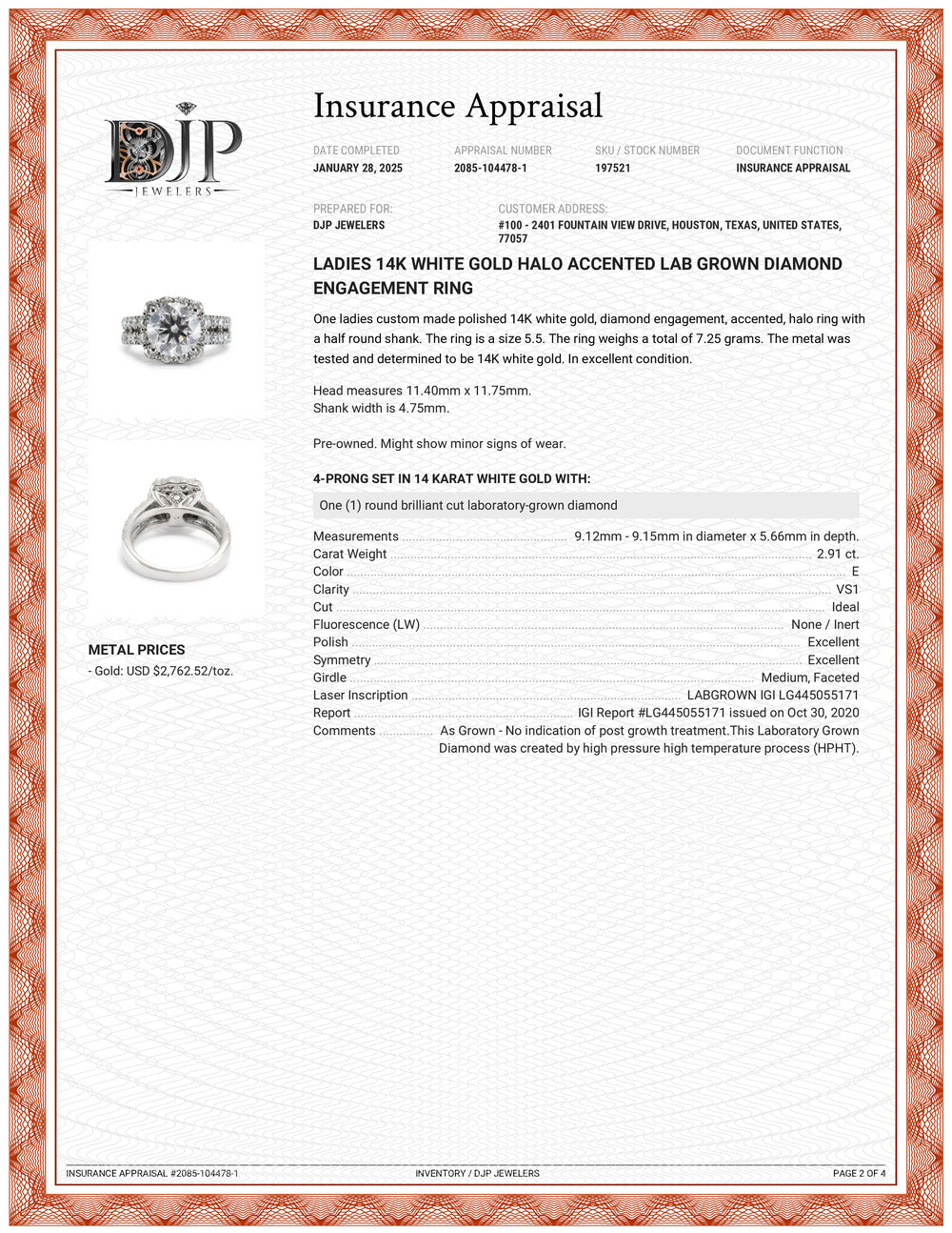 Ladies 14K White Gold Halo Accented 2.91ct Lab Grown Diamond Engagement Ring