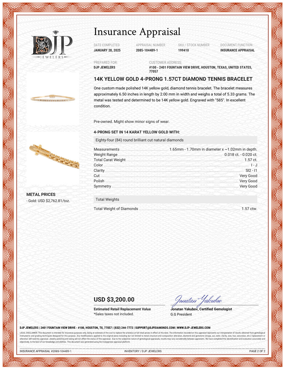 14K Yellow Gold 4-Prong 1.57ct Diamond Tennis Bracelet