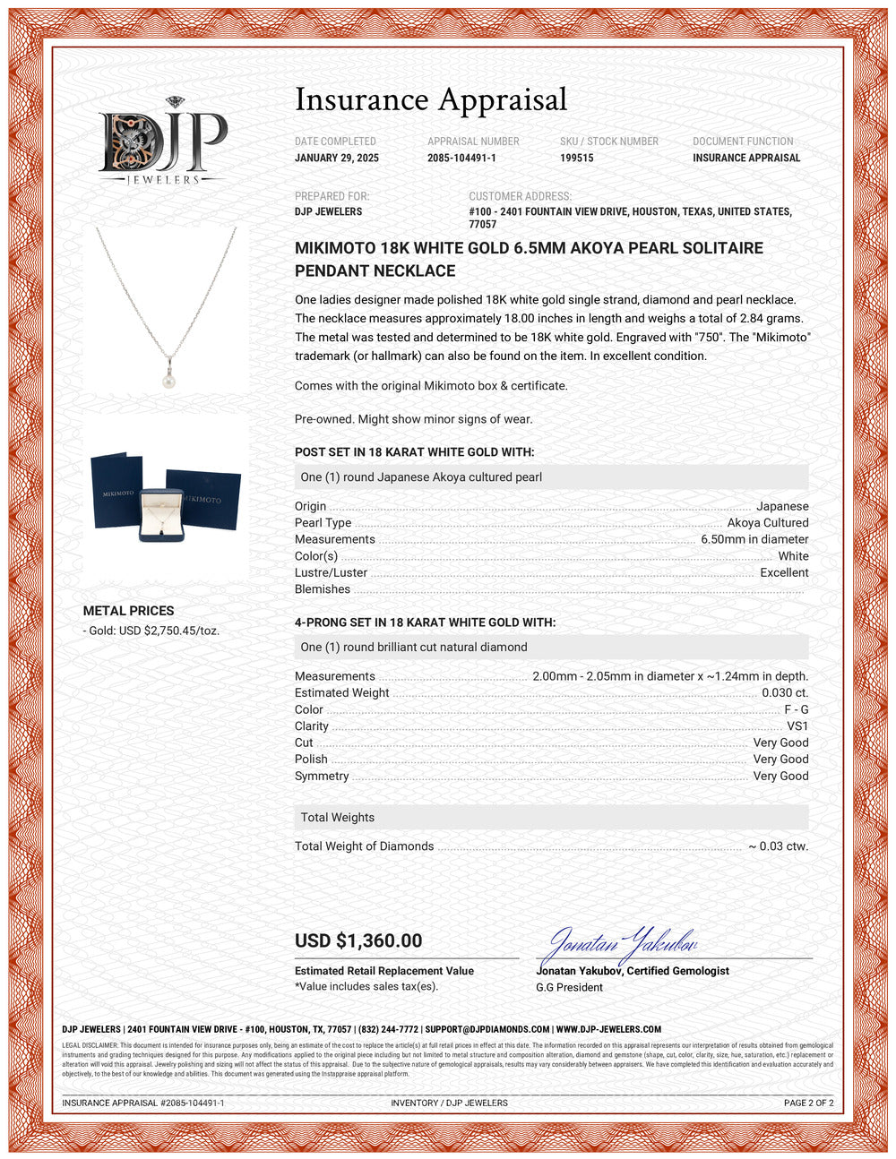 Mikimoto 18K White Gold 6.5mm Akoya Pearl Solitaire Pendant Necklace