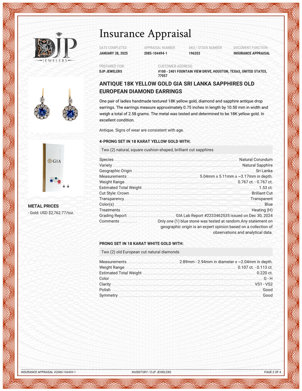 Antique 18K Yellow Gold GIA Sri Lanka Sapphires Old European Diamond Earrings