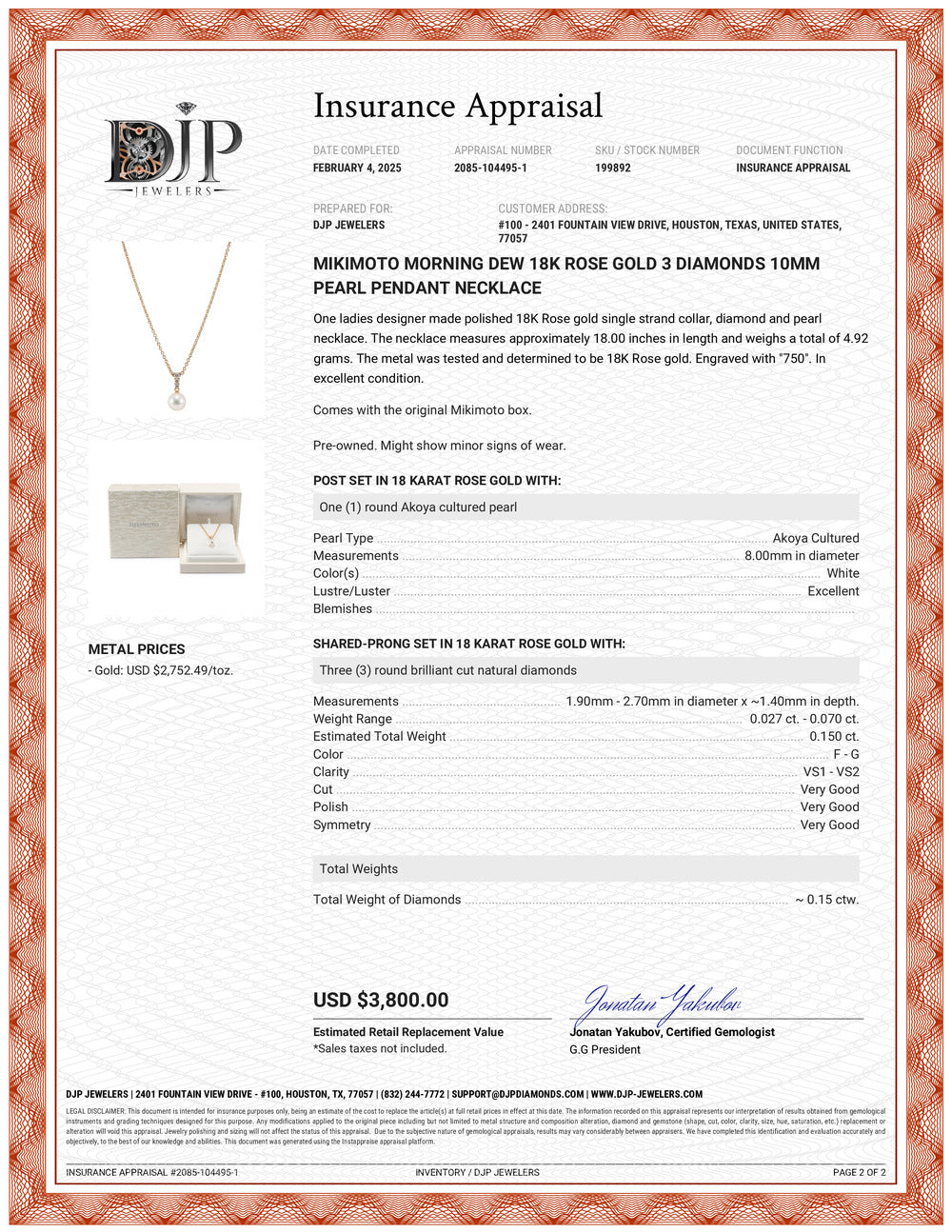 Mikimoto Morning Dew 18K Rose Gold 3 Diamonds 10MM Pearl Pendant Necklace