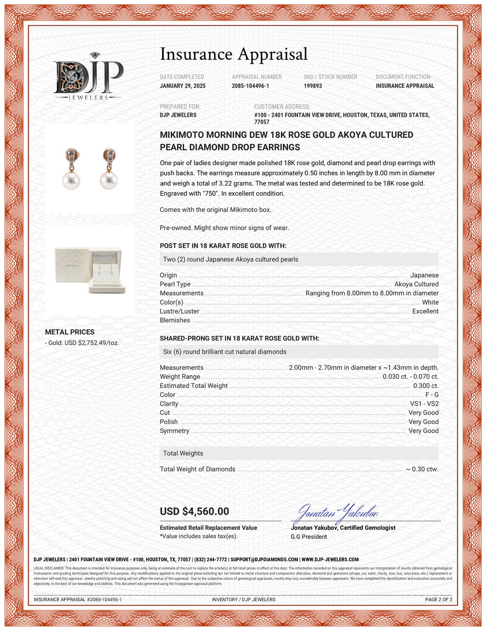 Mikimoto Morning Dew 18K Rose Gold Akoya Cultured Pearl Diamond Drop Earrings