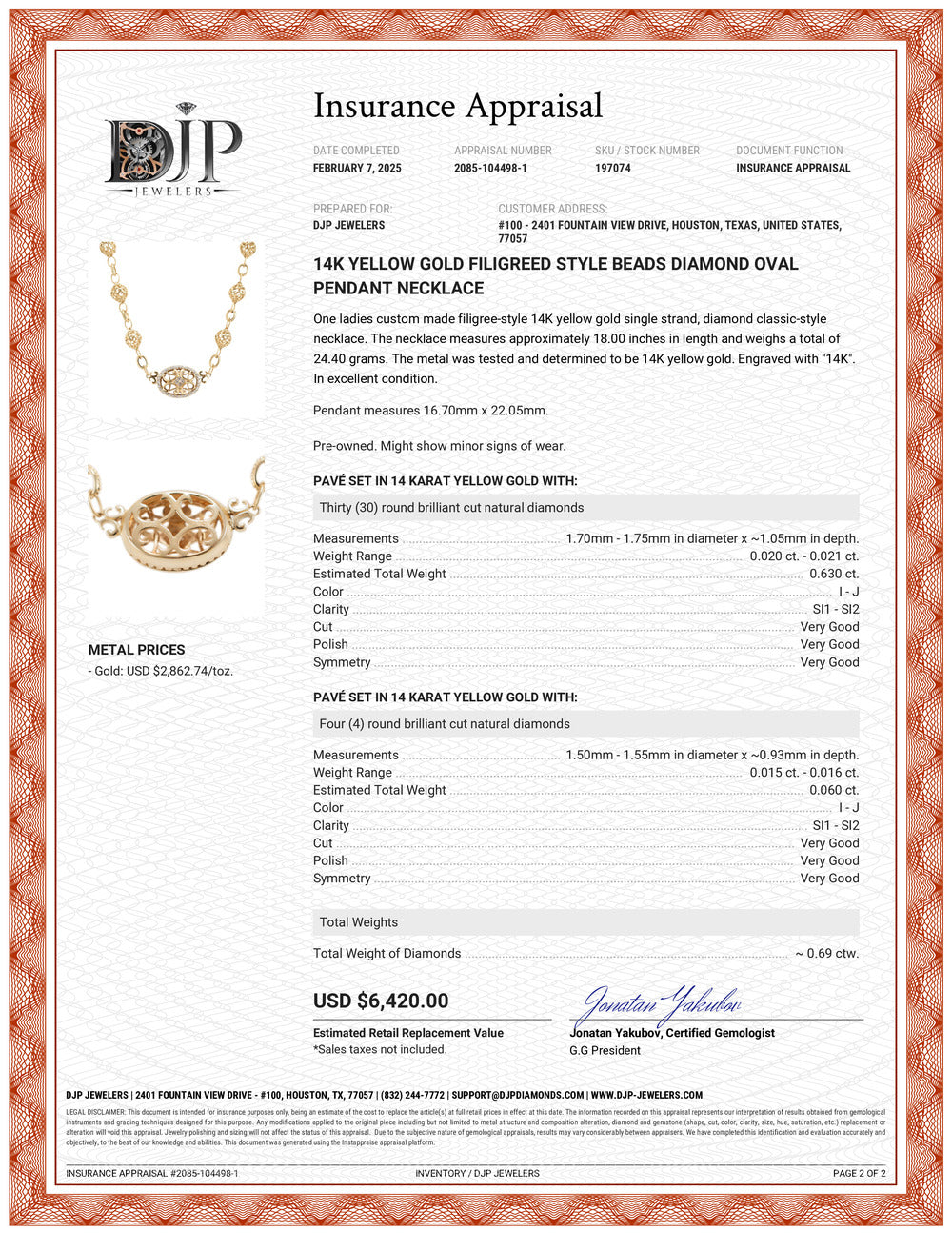 14K Yellow Gold Filigreed Style Beads Diamond Oval Pendant Necklace