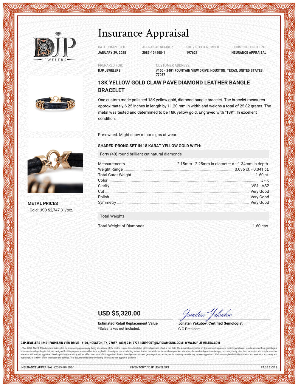 18K Yellow Gold Claw Pave Diamond Leather Bangle Bracelet