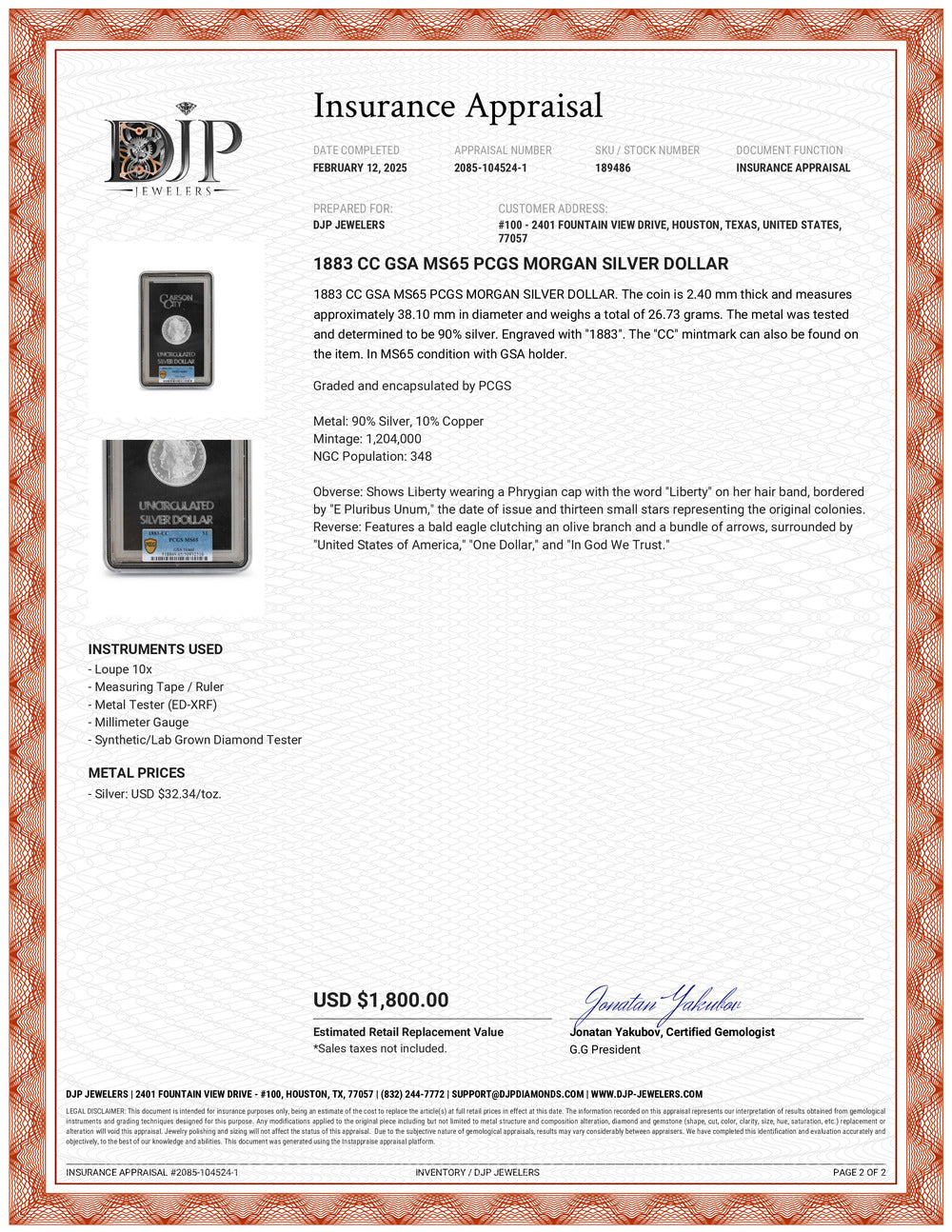 1883 CC GSA MS65 PCGS Morgan Silver Dollar