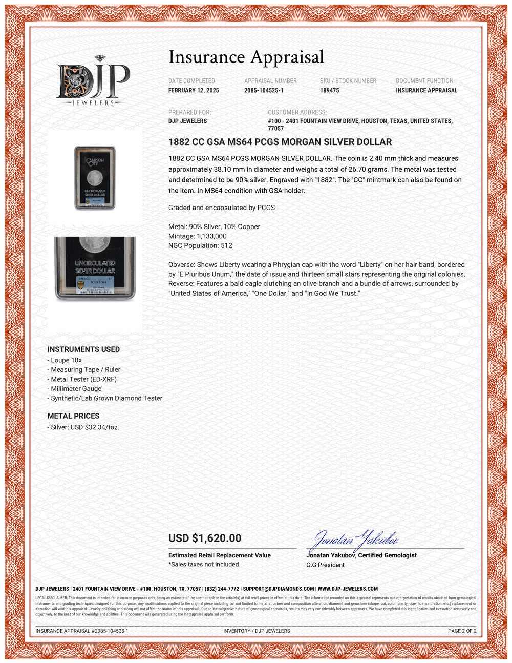 1882 CC GSA MS64 PCGS Morgan Silver Dollar
