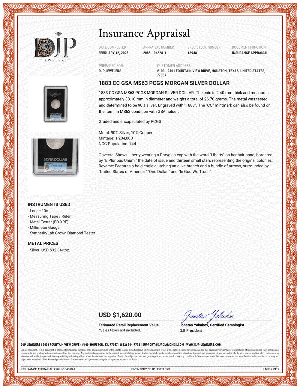 1883 CC GSA MS63 PCGS Morgan Silver Dollar