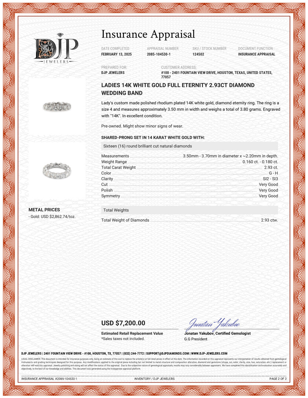 Ladies 14K White Gold Full Eternity 2.93ct Diamond Wedding Band