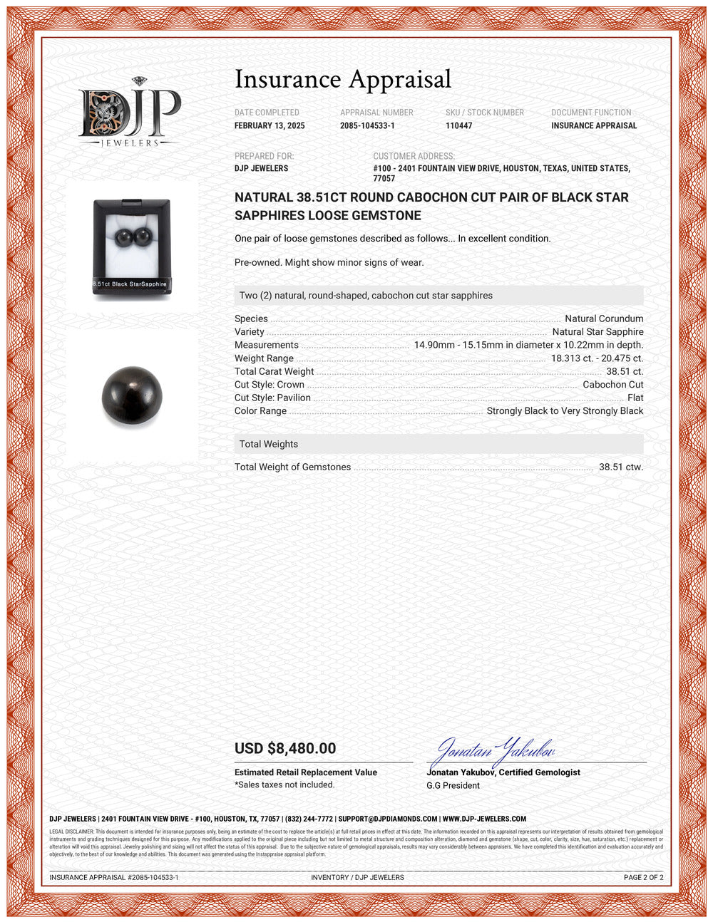 Natural 38.51ct Round Cabochon Cut Pair of Black Star Sapphires Loose Gemstone