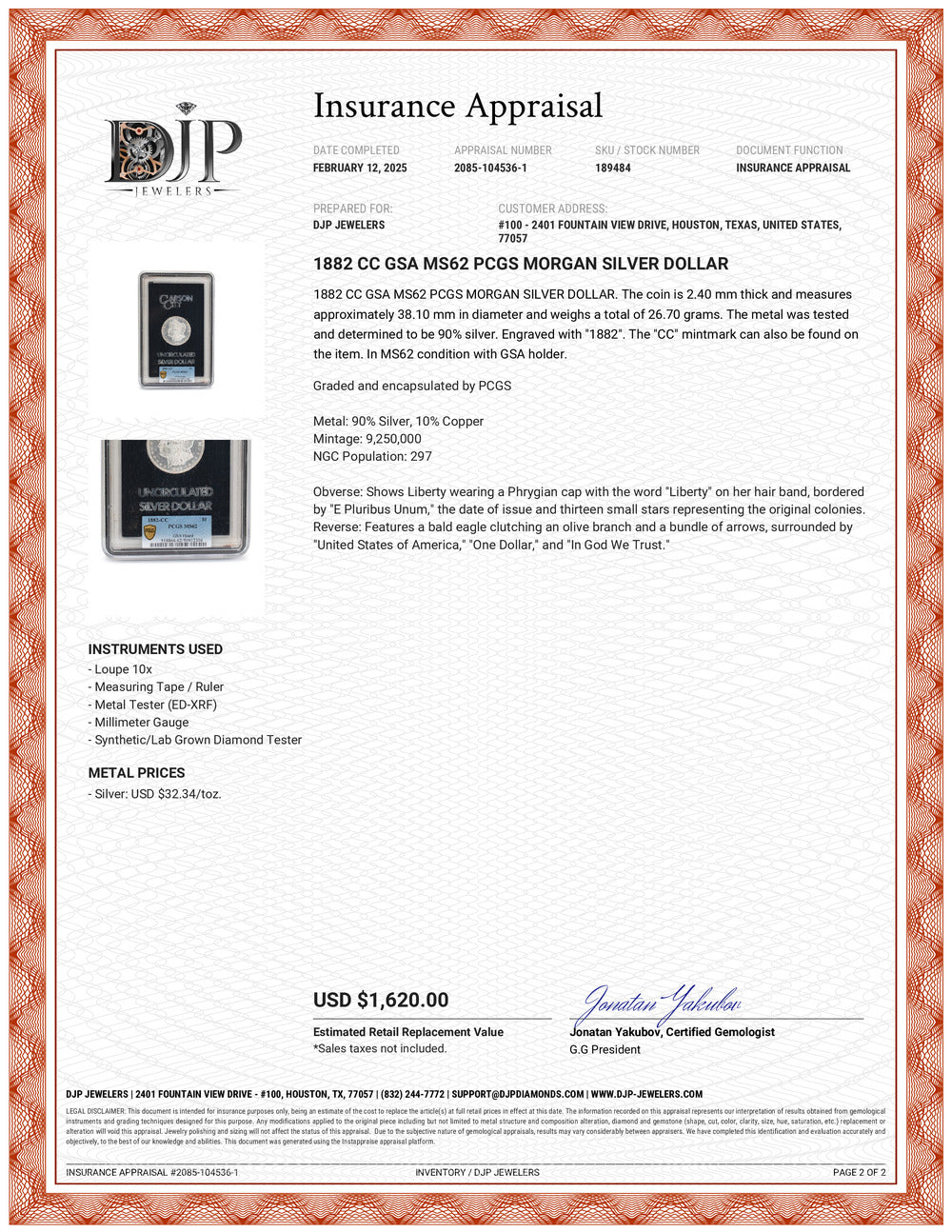 1882 CC GSA MS62 PCGS Morgan Silver Dollar