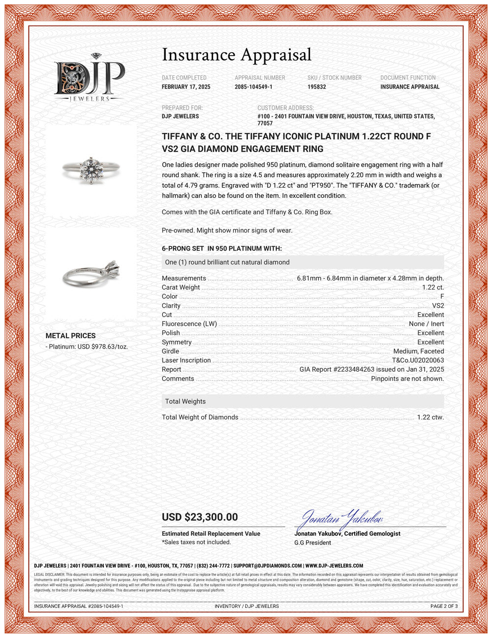 Tiffany & Co. The Tiffany Iconic Platinum 1.22ct Round F VS2 GIA Diamond Engagement Ring