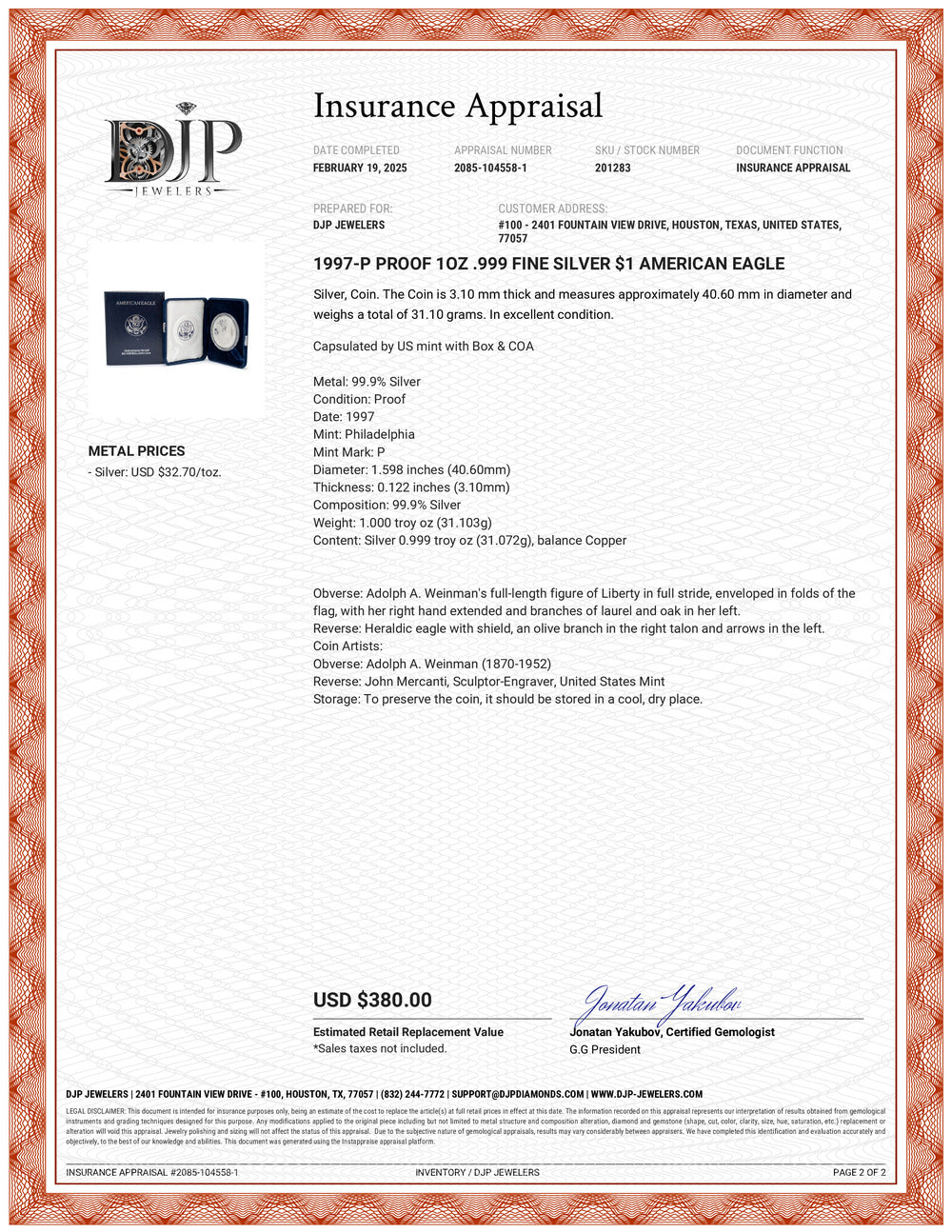 1997-P Proof 1oz .999 Fine Silver $1 American Eagle