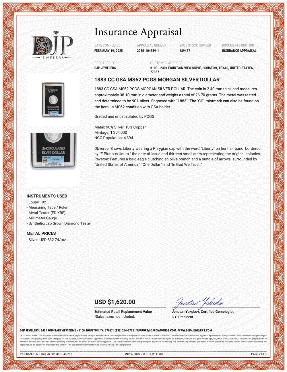 1883 CC GSA MS62 PCGS Morgan Silver Dollar