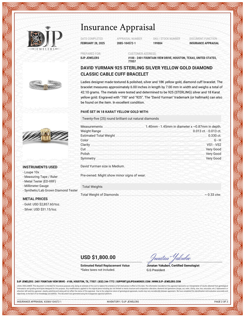 David Yurman 925 Sterling Silver Yellow Gold Diamond Classic Cable Cuff Bracelet